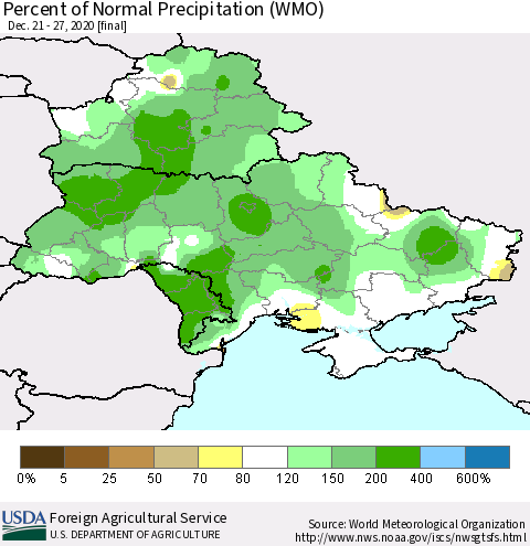 Ukraine, Moldova and Belarus Percent of Normal Precipitation (WMO) Thematic Map For 12/21/2020 - 12/27/2020