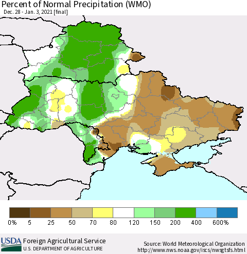 Ukraine, Moldova and Belarus Percent of Normal Precipitation (WMO) Thematic Map For 12/28/2020 - 1/3/2021