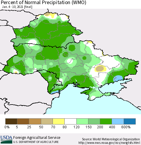 Ukraine, Moldova and Belarus Percent of Normal Precipitation (WMO) Thematic Map For 1/4/2021 - 1/10/2021