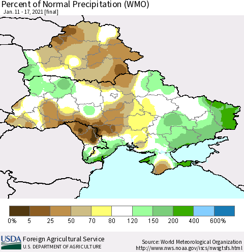 Ukraine, Moldova and Belarus Percent of Normal Precipitation (WMO) Thematic Map For 1/11/2021 - 1/17/2021