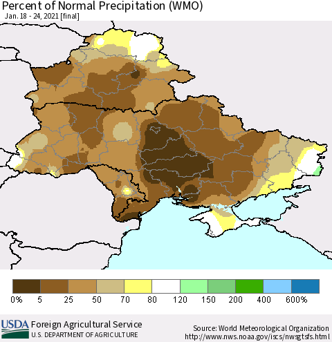 Ukraine, Moldova and Belarus Percent of Normal Precipitation (WMO) Thematic Map For 1/18/2021 - 1/24/2021
