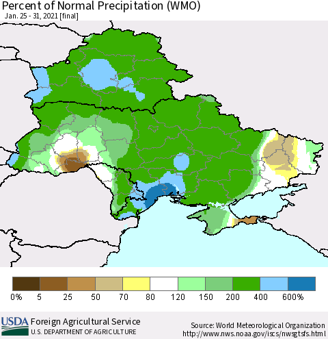 Ukraine, Moldova and Belarus Percent of Normal Precipitation (WMO) Thematic Map For 1/25/2021 - 1/31/2021