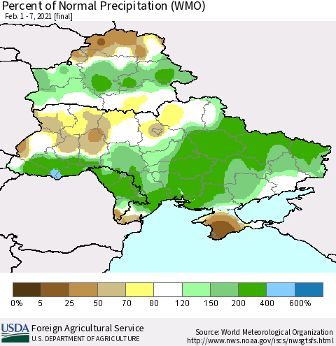 Ukraine, Moldova and Belarus Percent of Normal Precipitation (WMO) Thematic Map For 2/1/2021 - 2/7/2021
