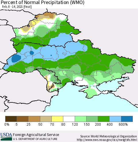 Ukraine, Moldova and Belarus Percent of Normal Precipitation (WMO) Thematic Map For 2/8/2021 - 2/14/2021