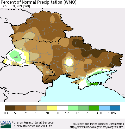 Ukraine, Moldova and Belarus Percent of Normal Precipitation (WMO) Thematic Map For 2/15/2021 - 2/21/2021