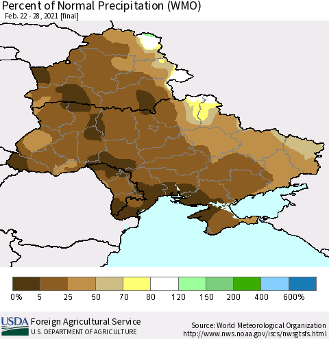 Ukraine, Moldova and Belarus Percent of Normal Precipitation (WMO) Thematic Map For 2/22/2021 - 2/28/2021
