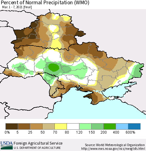 Ukraine, Moldova and Belarus Percent of Normal Precipitation (WMO) Thematic Map For 3/1/2021 - 3/7/2021