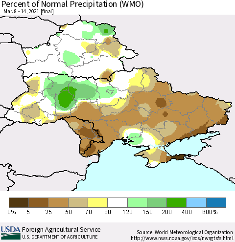 Ukraine, Moldova and Belarus Percent of Normal Precipitation (WMO) Thematic Map For 3/8/2021 - 3/14/2021