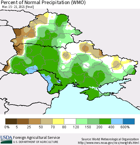 Ukraine, Moldova and Belarus Percent of Normal Precipitation (WMO) Thematic Map For 3/15/2021 - 3/21/2021