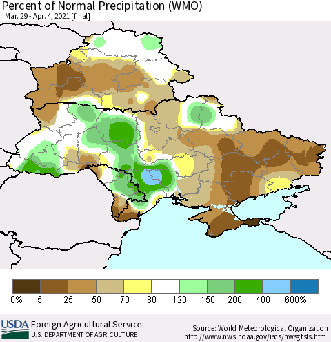 Ukraine, Moldova and Belarus Percent of Normal Precipitation (WMO) Thematic Map For 3/29/2021 - 4/4/2021
