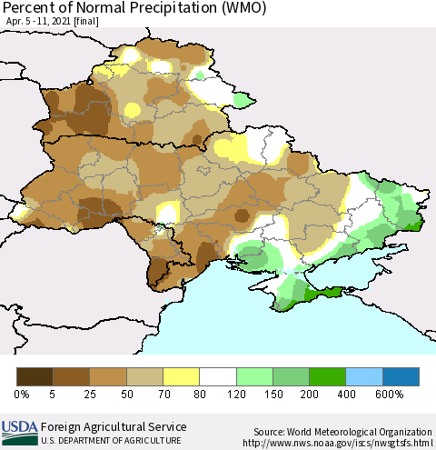Ukraine, Moldova and Belarus Percent of Normal Precipitation (WMO) Thematic Map For 4/5/2021 - 4/11/2021