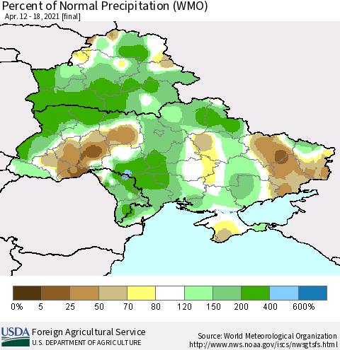 Ukraine, Moldova and Belarus Percent of Normal Precipitation (WMO) Thematic Map For 4/12/2021 - 4/18/2021