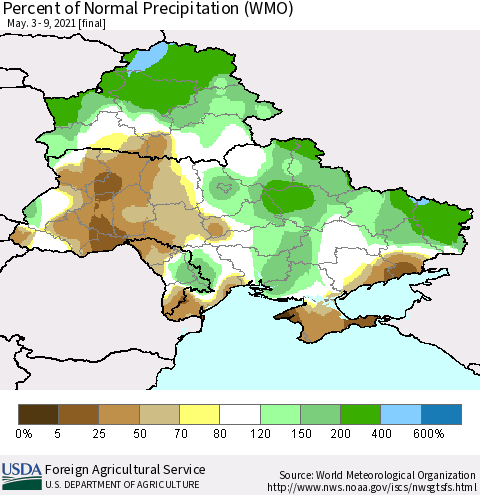 Ukraine, Moldova and Belarus Percent of Normal Precipitation (WMO) Thematic Map For 5/3/2021 - 5/9/2021