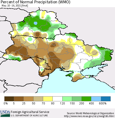 Ukraine, Moldova and Belarus Percent of Normal Precipitation (WMO) Thematic Map For 5/10/2021 - 5/16/2021