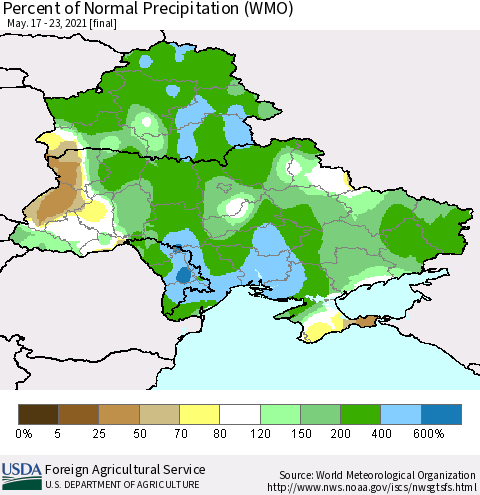 Ukraine, Moldova and Belarus Percent of Normal Precipitation (WMO) Thematic Map For 5/17/2021 - 5/23/2021