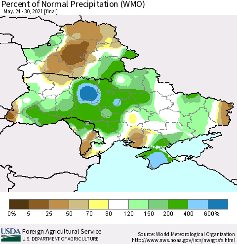 Ukraine, Moldova and Belarus Percent of Normal Precipitation (WMO) Thematic Map For 5/24/2021 - 5/30/2021