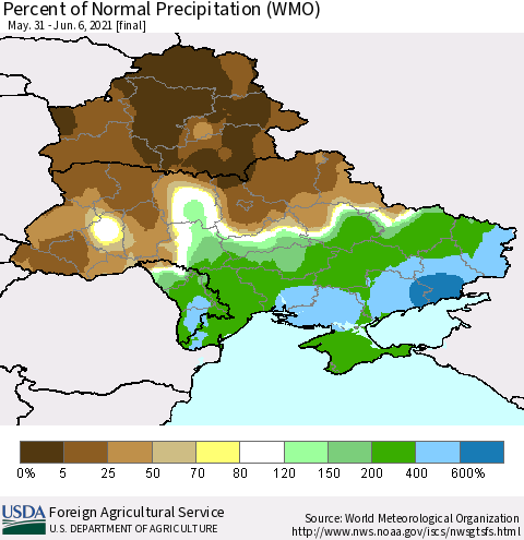 Ukraine, Moldova and Belarus Percent of Normal Precipitation (WMO) Thematic Map For 5/31/2021 - 6/6/2021