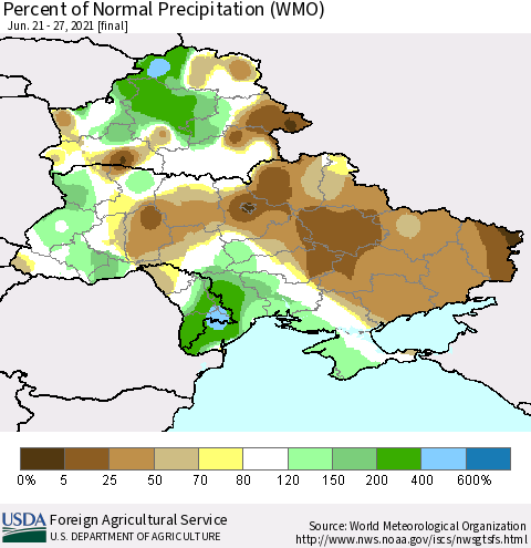 Ukraine, Moldova and Belarus Percent of Normal Precipitation (WMO) Thematic Map For 6/21/2021 - 6/27/2021