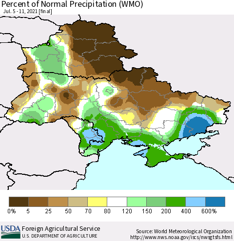 Ukraine, Moldova and Belarus Percent of Normal Precipitation (WMO) Thematic Map For 7/5/2021 - 7/11/2021