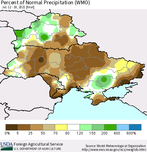 Ukraine, Moldova and Belarus Percent of Normal Precipitation (WMO) Thematic Map For 7/12/2021 - 7/18/2021