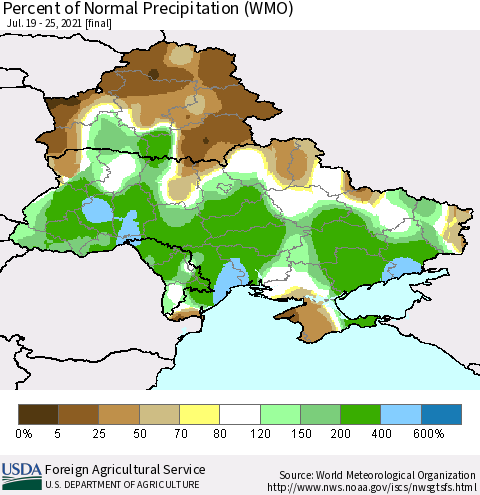 Ukraine, Moldova and Belarus Percent of Normal Precipitation (WMO) Thematic Map For 7/19/2021 - 7/25/2021
