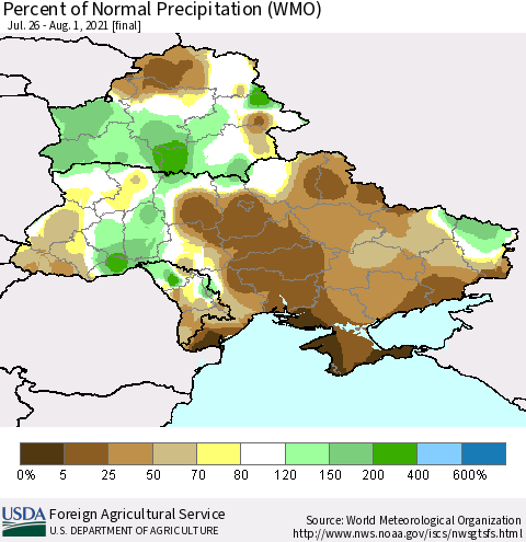 Ukraine, Moldova and Belarus Percent of Normal Precipitation (WMO) Thematic Map For 7/26/2021 - 8/1/2021