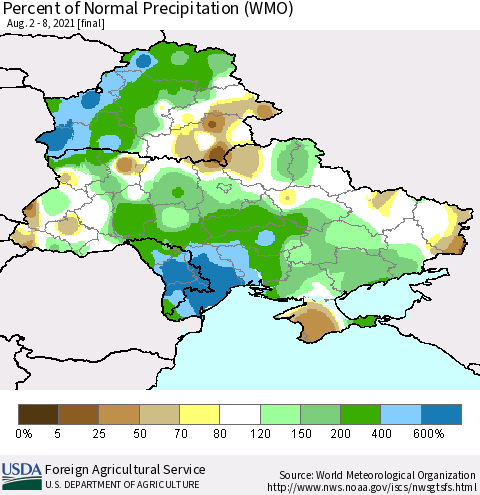 Ukraine, Moldova and Belarus Percent of Normal Precipitation (WMO) Thematic Map For 8/2/2021 - 8/8/2021