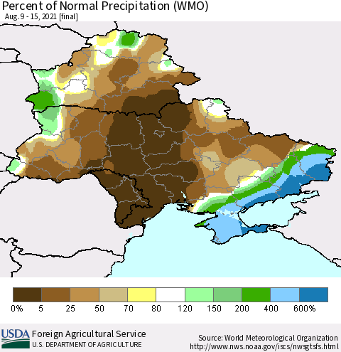Ukraine, Moldova and Belarus Percent of Normal Precipitation (WMO) Thematic Map For 8/9/2021 - 8/15/2021