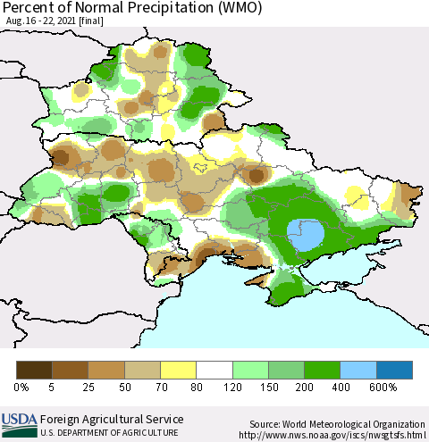 Ukraine, Moldova and Belarus Percent of Normal Precipitation (WMO) Thematic Map For 8/16/2021 - 8/22/2021