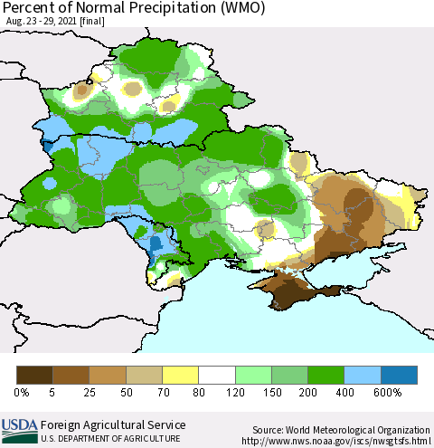 Ukraine, Moldova and Belarus Percent of Normal Precipitation (WMO) Thematic Map For 8/23/2021 - 8/29/2021