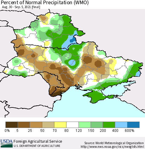 Ukraine, Moldova and Belarus Percent of Normal Precipitation (WMO) Thematic Map For 8/30/2021 - 9/5/2021