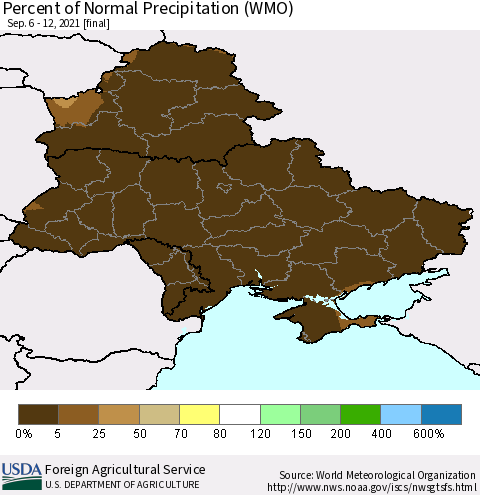 Ukraine, Moldova and Belarus Percent of Normal Precipitation (WMO) Thematic Map For 9/6/2021 - 9/12/2021