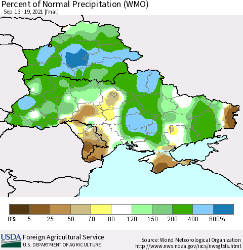 Ukraine, Moldova and Belarus Percent of Normal Precipitation (WMO) Thematic Map For 9/13/2021 - 9/19/2021