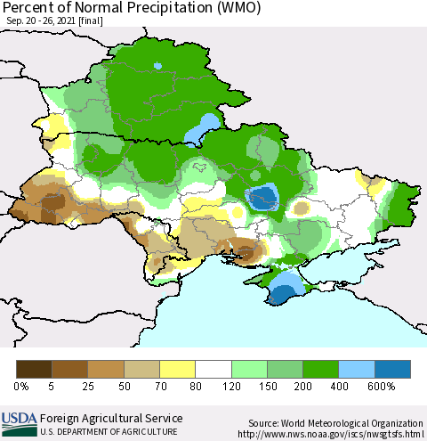 Ukraine, Moldova and Belarus Percent of Normal Precipitation (WMO) Thematic Map For 9/20/2021 - 9/26/2021