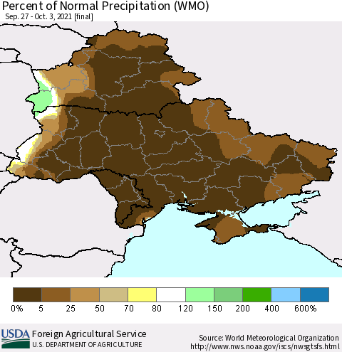 Ukraine, Moldova and Belarus Percent of Normal Precipitation (WMO) Thematic Map For 9/27/2021 - 10/3/2021