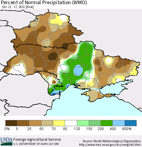 Ukraine, Moldova and Belarus Percent of Normal Precipitation (WMO) Thematic Map For 10/11/2021 - 10/17/2021