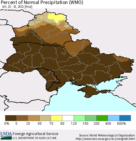 Ukraine, Moldova and Belarus Percent of Normal Precipitation (WMO) Thematic Map For 10/25/2021 - 10/31/2021