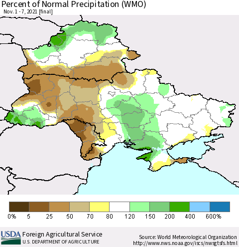 Ukraine, Moldova and Belarus Percent of Normal Precipitation (WMO) Thematic Map For 11/1/2021 - 11/7/2021
