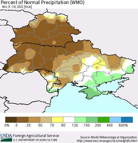 Ukraine, Moldova and Belarus Percent of Normal Precipitation (WMO) Thematic Map For 11/8/2021 - 11/14/2021