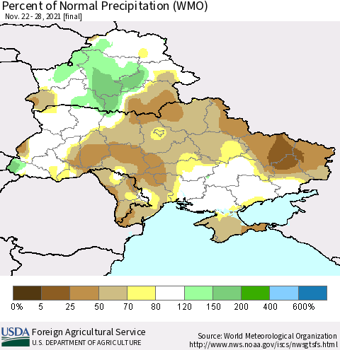 Ukraine, Moldova and Belarus Percent of Normal Precipitation (WMO) Thematic Map For 11/22/2021 - 11/28/2021