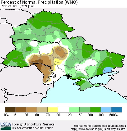 Ukraine, Moldova and Belarus Percent of Normal Precipitation (WMO) Thematic Map For 11/29/2021 - 12/5/2021