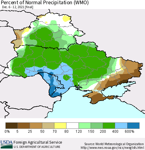 Ukraine, Moldova and Belarus Percent of Normal Precipitation (WMO) Thematic Map For 12/6/2021 - 12/12/2021