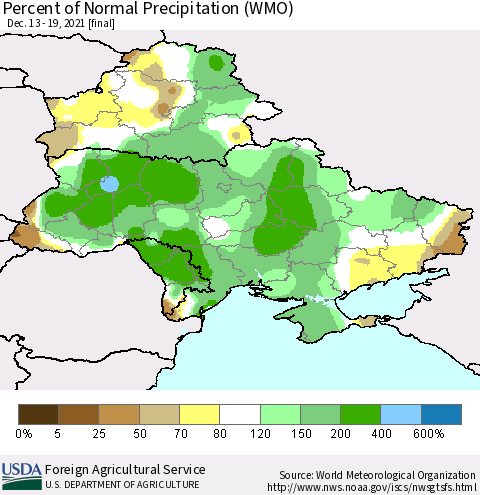 Ukraine, Moldova and Belarus Percent of Normal Precipitation (WMO) Thematic Map For 12/13/2021 - 12/19/2021