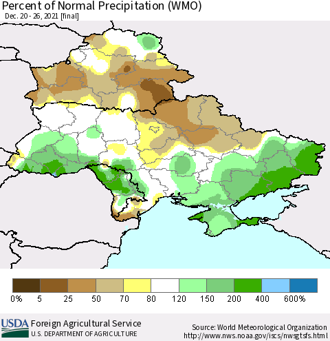 Ukraine, Moldova and Belarus Percent of Normal Precipitation (WMO) Thematic Map For 12/20/2021 - 12/26/2021