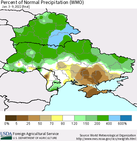Ukraine, Moldova and Belarus Percent of Normal Precipitation (WMO) Thematic Map For 1/3/2022 - 1/9/2022