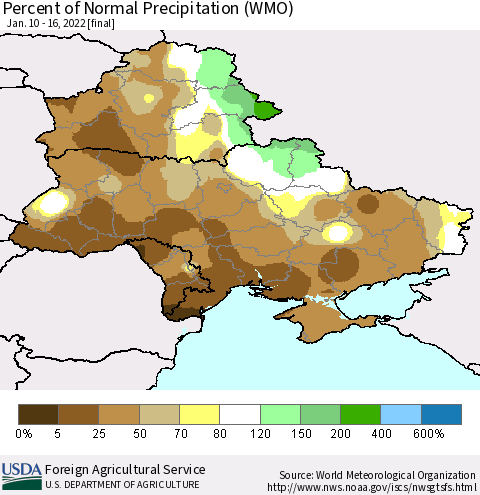 Ukraine, Moldova and Belarus Percent of Normal Precipitation (WMO) Thematic Map For 1/10/2022 - 1/16/2022