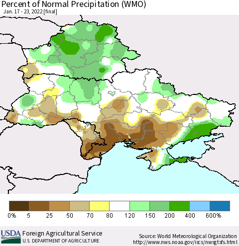 Ukraine, Moldova and Belarus Percent of Normal Precipitation (WMO) Thematic Map For 1/17/2022 - 1/23/2022