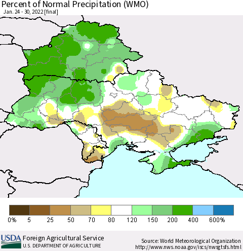 Ukraine, Moldova and Belarus Percent of Normal Precipitation (WMO) Thematic Map For 1/24/2022 - 1/30/2022
