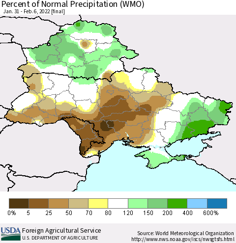 Ukraine, Moldova and Belarus Percent of Normal Precipitation (WMO) Thematic Map For 1/31/2022 - 2/6/2022
