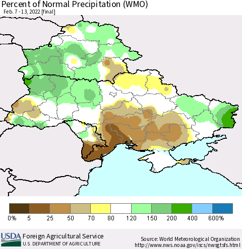 Ukraine, Moldova and Belarus Percent of Normal Precipitation (WMO) Thematic Map For 2/7/2022 - 2/13/2022